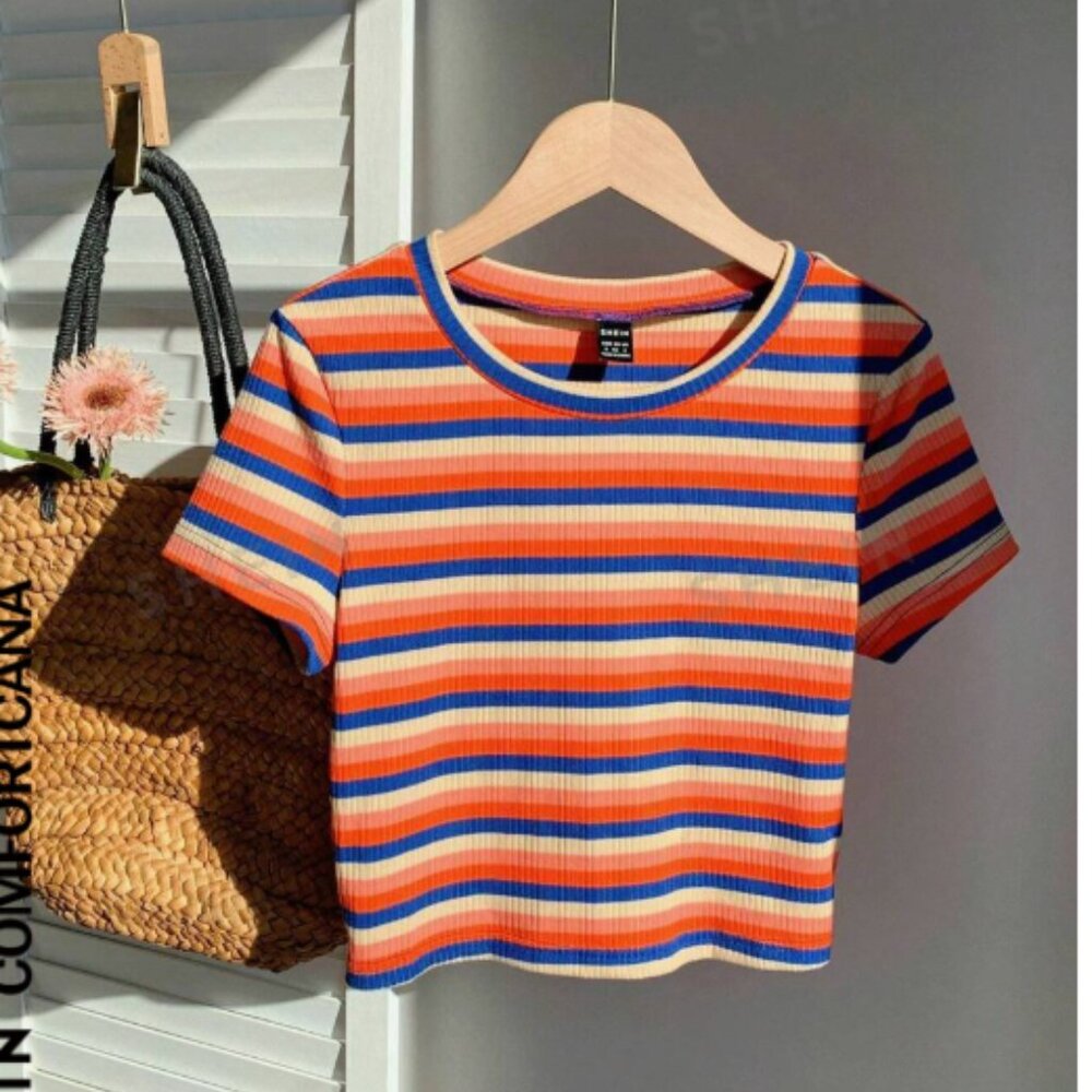 NWOT SHEIN Comfortcana Colorful Striped Knitted Slim Fit Women's T-Shirt